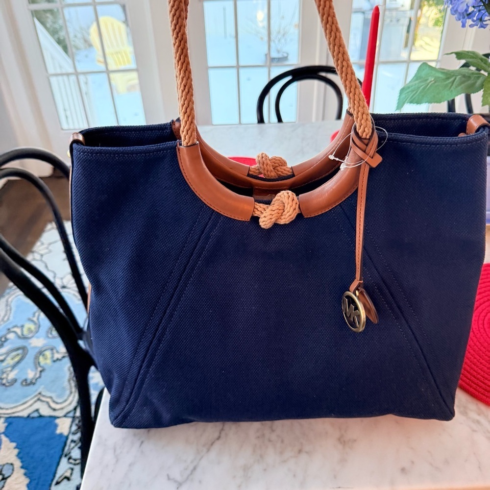 NWT Michael Kors Isla Ring Canvas Shoulder Tote Bag Admiral Blue - Picture 8 of 16
